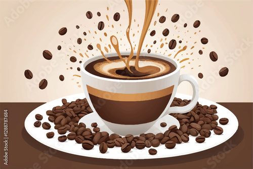 Roasted coffee beans splashing in delicious coffee, cut out