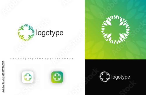 Leaf cross logo symbolizing health, nature, and sustainability. Perfect for eco businesses, medical brands, wellness centers, herbal products. Clean, organic design. Vector logo concept