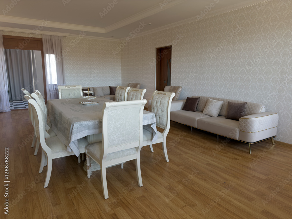 Fototapeta premium White room with dining table with chairs for guests