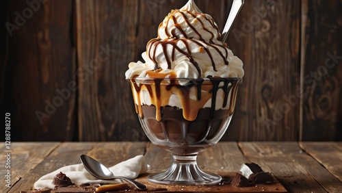 A decadent dessert in a glass, featuring layers of chocolate and caramel ice cream, topped with whipped cream, caramel drizzle, and chocolate sauce. A spoon and caramel pieces are on the wooden table