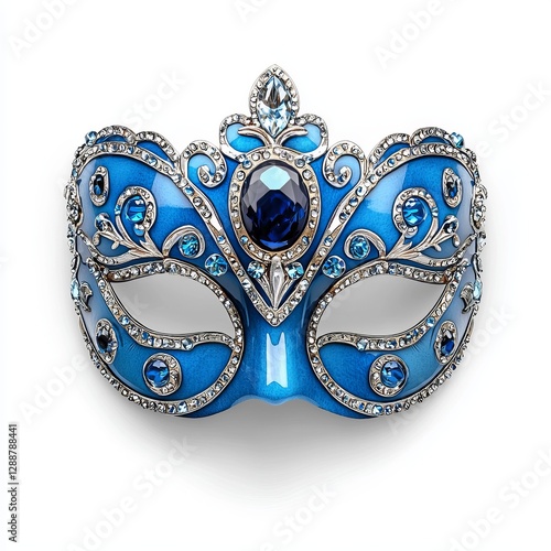 A decorative blue masquerade mask adorned with intricate silver designs and sparkling gems, perfect for festivities and themed events.