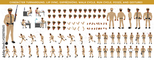 Police Officer Character Design Model Sheet. Man, Character design. Front, side, back view and explainer animation poses. Character set with lip sync and Walk cycle animation sequences.