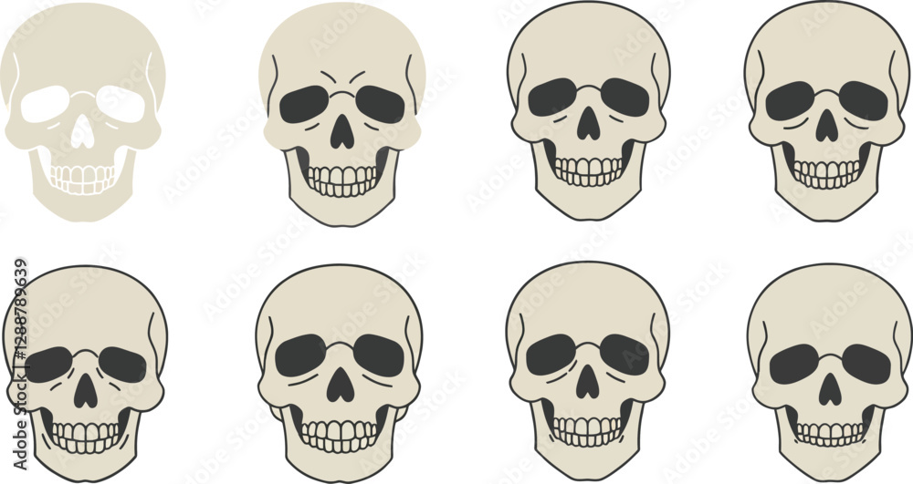 Series of skull illustrations depicting various expressions and styles in a clear layout Series of skull illustrations depicting various expressions and styles in a clear layout