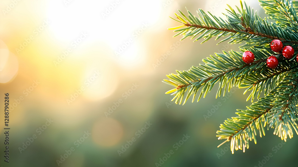 Close Up of Frosty Pine Branch with Red Berries and Warm Sunlit Background Close Up of Frosty Pine Branch with Red Berries and Warm Sunlit Background