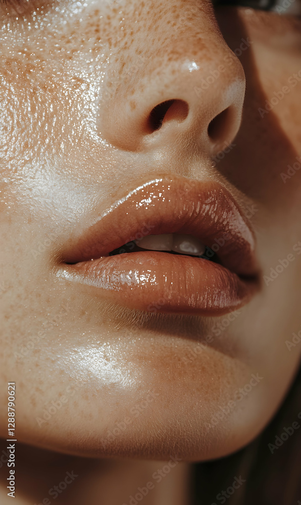 Fototapeta premium Close-up portrait showcasing a woman's glossy lips and radiant, freckled skin with focus