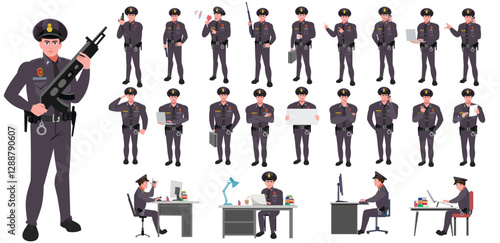 Police Officer Character Design Model Sheet. Man, Character design. Front, side, back view and explainer animation poses. Character set with lip sync and Walk cycle animation sequences.