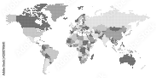 A detailed political world map represented by dots illustrates global political boundaries and regions. Each area is visually highlighted, emphasizing geographical distinctions.