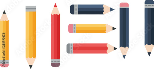 Colorful assortment of pencils arranged in various positions and orientations on a white background