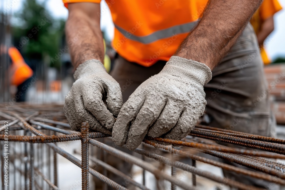 A construction worker's gloved hands expertly tie steel rods, showcasing the essential process of reinforcing structural integrity at a busy building site. A construction worker's gloved hands expertly tie steel rods, showcasing the essential process of reinforcing structural integrity at a busy building site.