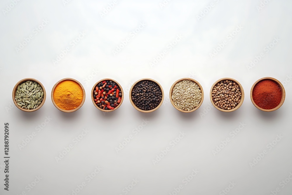 Assorted Spices in Wooden Bowls on White Background Assorted Spices in Wooden Bowls on White Background