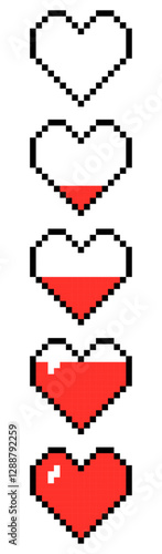 Pixelated heart life bar in four stages, Pixelated heart life bar with decreasing health, 8-bit, retro games, pixel art.