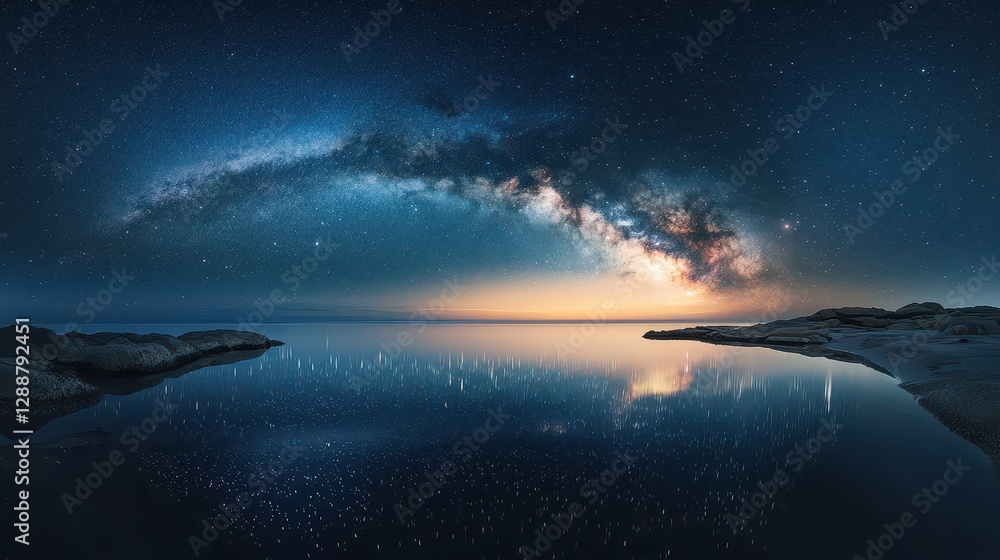 Fototapeta premium A surreal scene of the Milky Way reflected perfectly on a still ocean, merging sky and sea