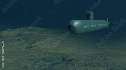 Atomic submarine moving on the bottom of the sea