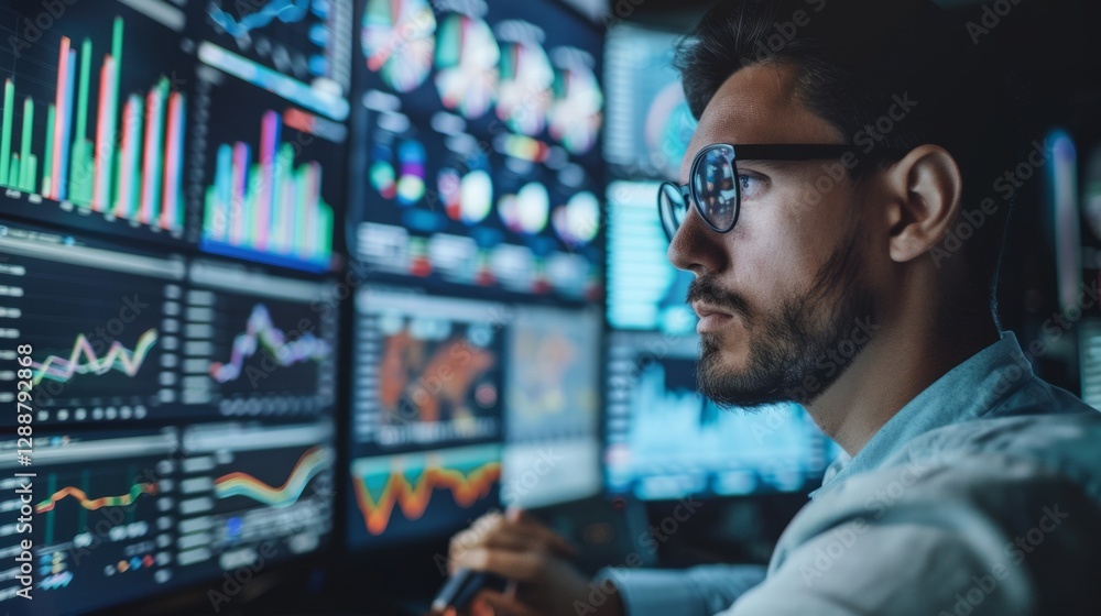 A data analyst in front of a huge screen with graphs A data analyst in front of a huge screen with graphs