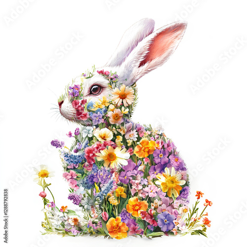Floral Rabbit Composed of Vibrant Spring Flowers Isolated on White Background