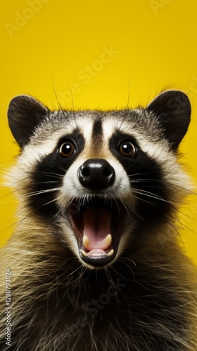 A very surprised raccoon with its eyes and mouth wide open on a yellow background