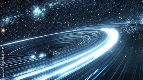 A futuristic starship travels through a cosmic highway of glowing planetary rings