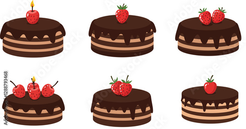 Six chocolate cakes with strawberries and candles, showcasing festive decorations and varying styles