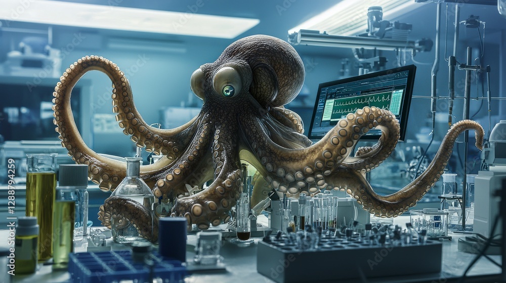 Obraz premium Giant octopus conducting genetic research in laboratory environment science concept close-up view