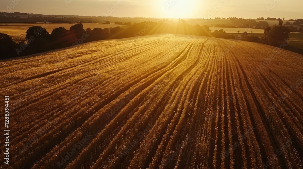 Fototapeta premium Aerial view over cornfield on sunset
