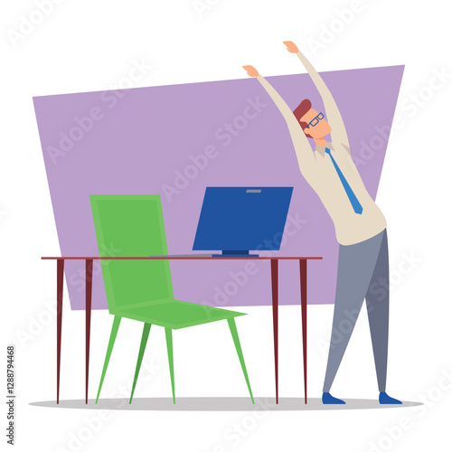 Business professional stretching at desk in minimalist office. Healthy work routine during busy hours concept