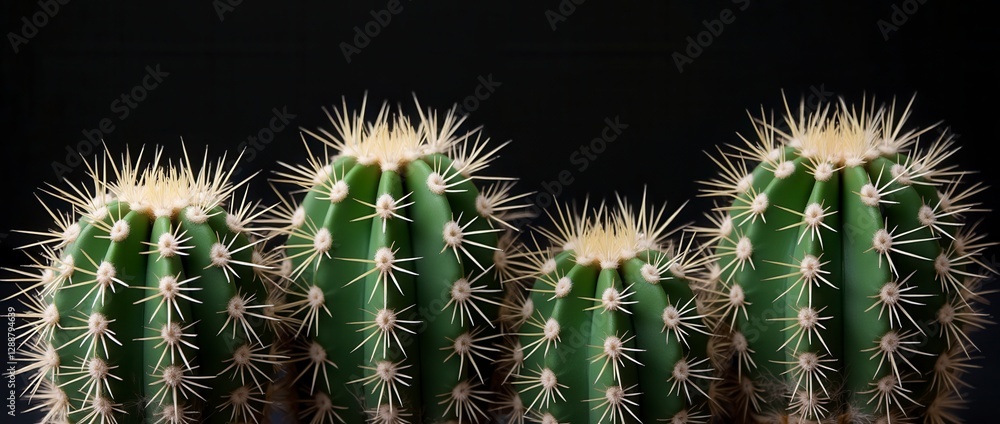 Striking Green Barrel Cacti with White Spines Against Dark Background Striking Green Barrel Cacti with White Spines Against Dark Background
