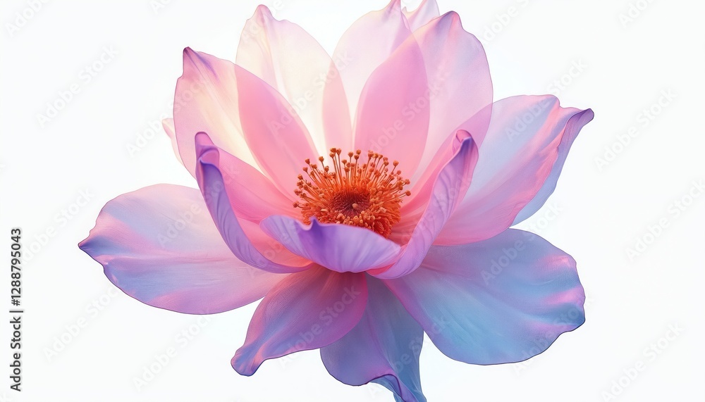 Obraz premium Radiant iridescent flower with holographic gradient petals. Neon pink fluid blends with blue, purple hues. Modern floral design vibrant, creative, dynamic. Abstract three-dimensional object on white