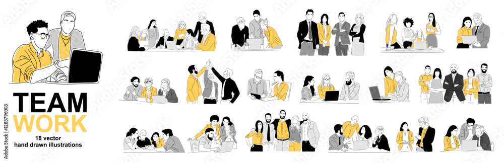 Team work business concept illustrations. Set of illustrations of men and women in working together. Modern vector simple outline style for graphic and web design. Isolated Team work business concept illustrations. Set of illustrations of men and women in working together. Modern vector simple outline style for graphic and web design. Isolated