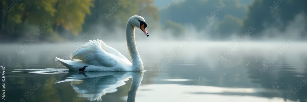 Fototapeta premium Elegant white swan glides on misty lake, reflection visible , peaceful, avian