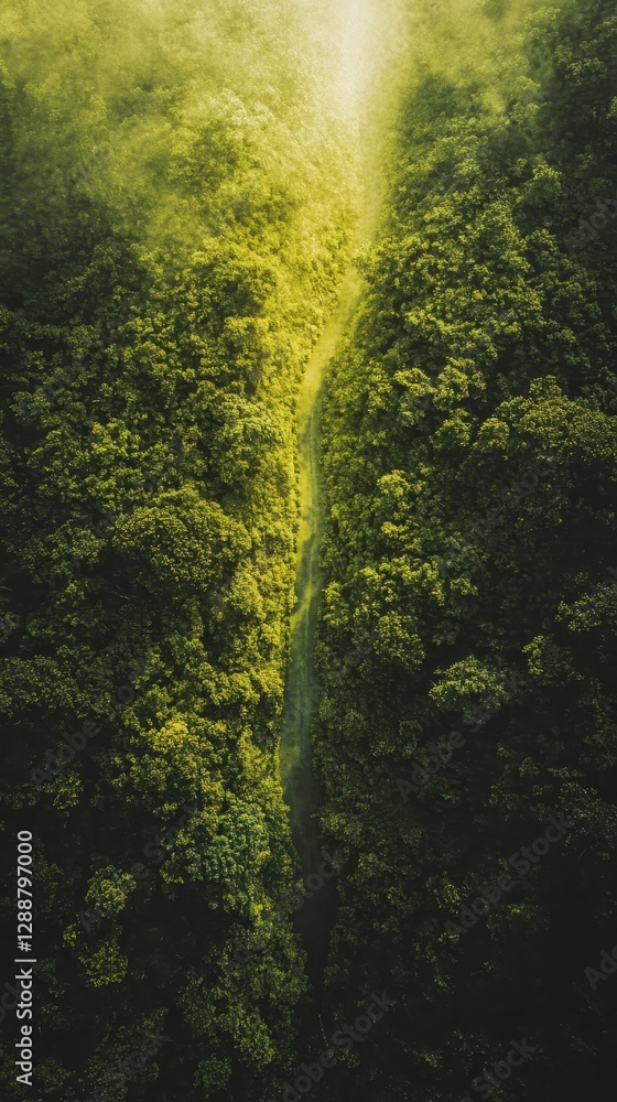 Fototapeta premium A minimalist aerial composition of a narrow road piercing through a dense forest, surrounded by deep green hues and golden sun rays filtering through.