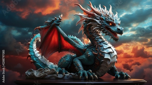 A detailed sculpture of a dragon coiled on a circular platform