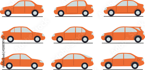 Orange cars displayed in a grid showcasing different styles and designs from multiple angles