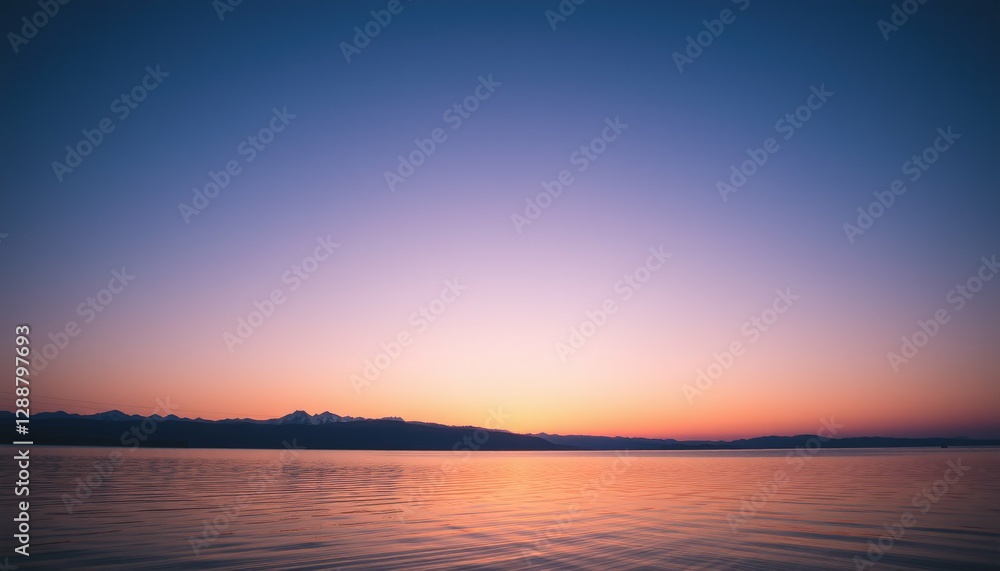 Obraz premium Calm Sunset Over Water, Blue, Purple and Pink Sky, Evening Landscape Horizon, Photograph.