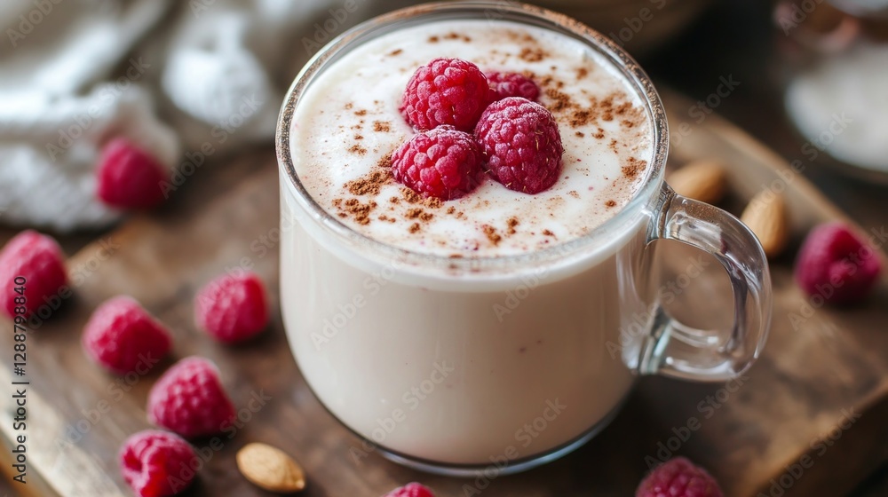 Creamy Raspberry Drink with Whipped Topping and Almonds on Wooden Board Creamy Raspberry Drink with Whipped Topping and Almonds on Wooden Board