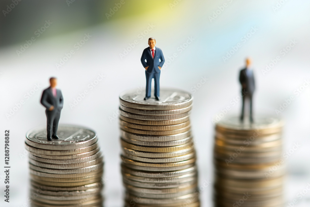 Miniature business figures standing on stacks of coins, symbolizing financial growth, success, and career advancement. Wealth, investment and corporate hierarchy concept. Sharp focus, clean background Miniature business figures standing on stacks of coins, symbolizing financial growth, success, and career advancement. Wealth, investment and corporate hierarchy concept. Sharp focus, clean background