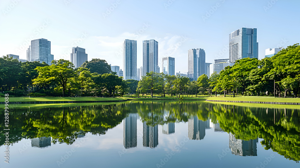 Fototapeta premium Modern City Park with Lake Reflection