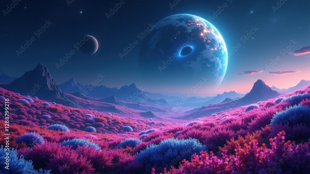 A planet covered in endless fields of bioluminescent flora, pulsating in rhythmic waves of neon light beneath a sky filled with drifting stardust. A planet covered in endless fields of bioluminescent flora, pulsating in rhythmic waves of neon light beneath a sky filled with drifting stardust.
