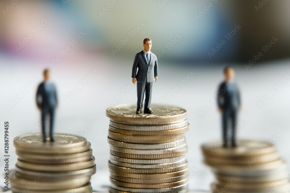 Miniature business figures standing on stacks of coins, symbolizing financial growth, success, and career advancement. Wealth, investment and corporate hierarchy concept. Sharp focus, clean background Miniature business figures standing on stacks of coins, symbolizing financial growth, success, and career advancement. Wealth, investment and corporate hierarchy concept. Sharp focus, clean background