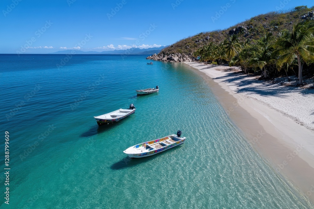 A stunning beach scene showcasing colorful fishing boats gently swaying in crystal-clear water, framed by fine sandy shores and tropical landscapes, evoking relaxation.