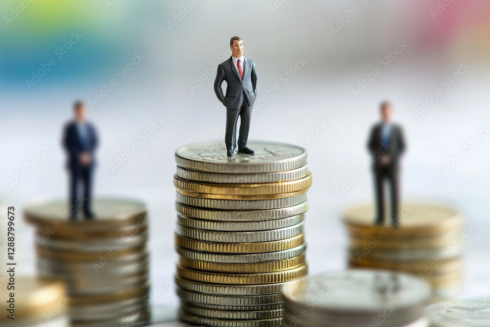 Miniature business figures standing on stacks of coins, symbolizing financial growth, success, and career advancement. Wealth, investment and corporate hierarchy concept. Sharp focus, clean background Miniature business figures standing on stacks of coins, symbolizing financial growth, success, and career advancement. Wealth, investment and corporate hierarchy concept. Sharp focus, clean background