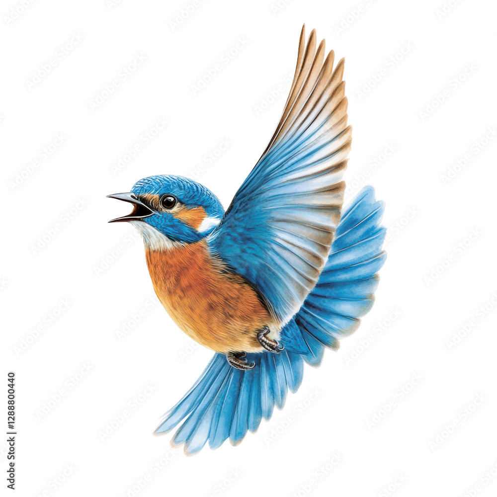 Fototapeta premium Blue bird with orange and white feathers perched on a branch in a natural outdoor setting isolated on transparent background..
