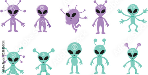 Colorful cartoon aliens displaying various playful poses and expressions in a row