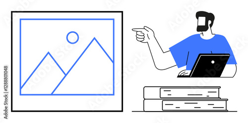 Man pointing at mountain picture with sun on a screen, using laptop and sitting near books. Ideal for education, online learning, presentations, digital storytelling, creative processes, visual