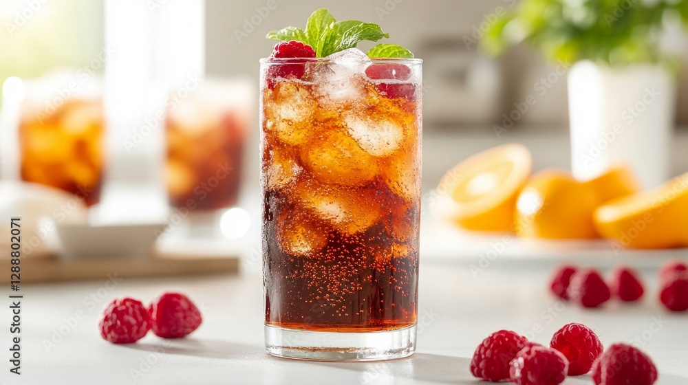 Refreshing Summer Beverage with Bubbles and Fresh Fruit Garnish Refreshing Summer Beverage with Bubbles and Fresh Fruit Garnish