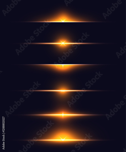Horizontal bright golden glow, light, furrowing bright shine, luminous flux of a bright star. Vector 10 EPS
