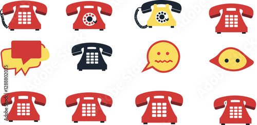 Series of vintage telephones with varying colors and emotive icons in a grid layout