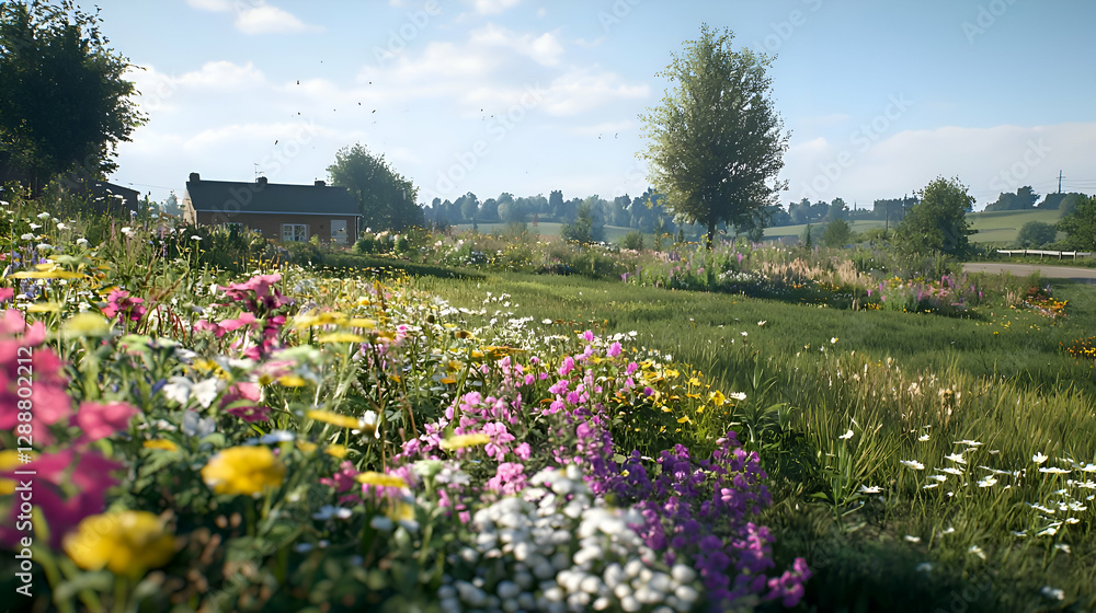 Vibrant Wildflower Meadow with Farmhouse Under Sunny Sky Vibrant Wildflower Meadow with Farmhouse Under Sunny Sky