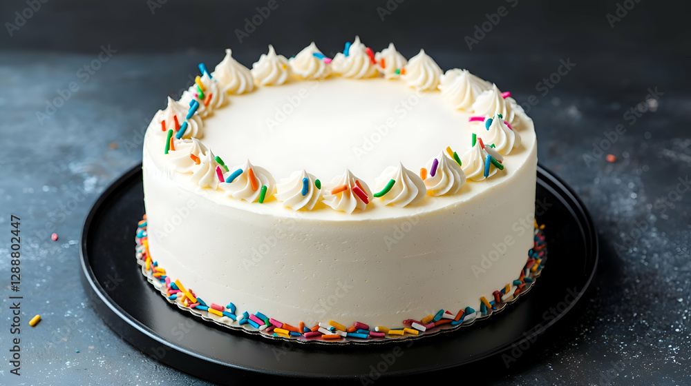 White Birthday Cake with Colorful Sprinkles on Dark Background White Birthday Cake with Colorful Sprinkles on Dark Background