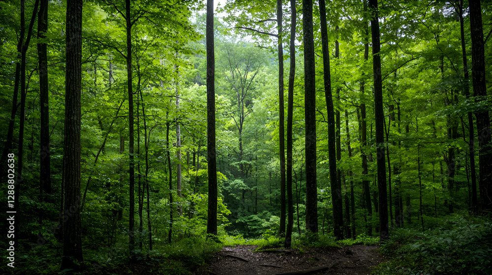 Fototapeta premium Lush Green Forest Path Sunlight Dappled Canopy