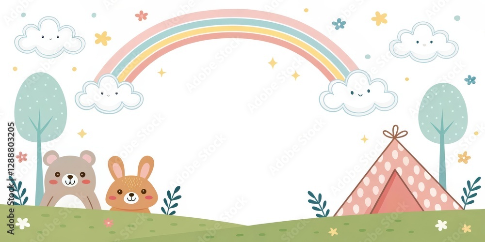 Naklejka premium a whimsical illustration of a rainbow and adorable forest creatures creates a charming and playful scene, perfect for children's designs